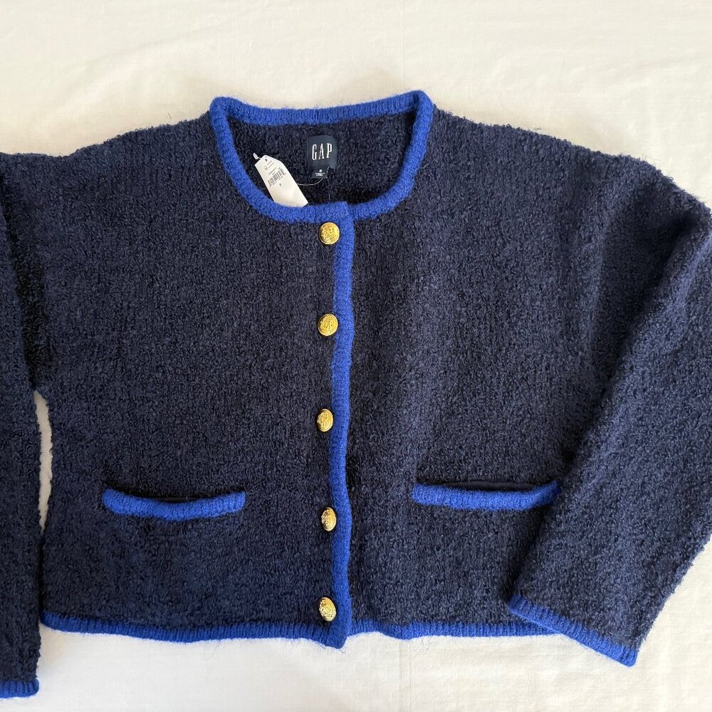 GAP Women’s Boucle Cropped Sweater Jacket Wool Blend Navy Size Small
